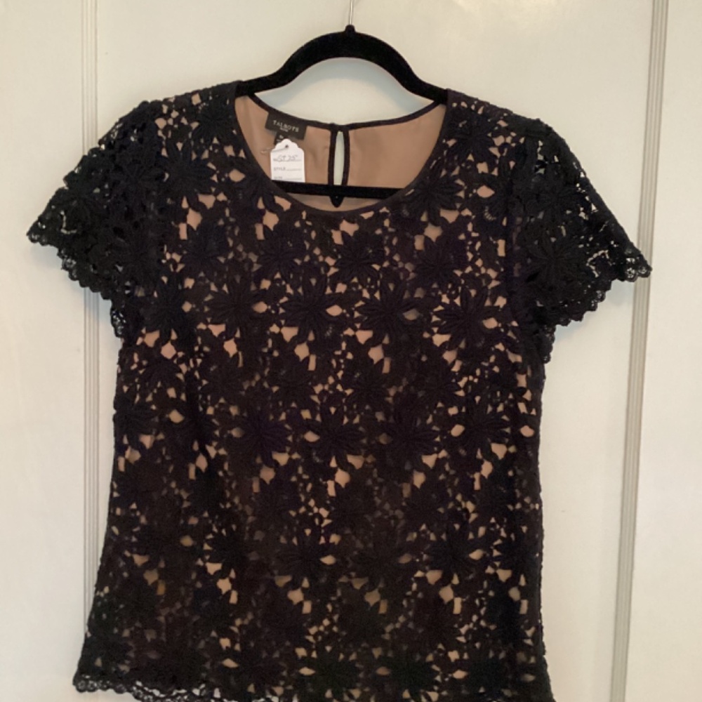 TALBOTS dressy black lace top, Short Sleeve, Sz 8P